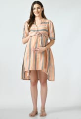 Mometernity Peachie Cotton Wide Stripes Print Maternity & Nursing Tunic Dress