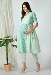 Mometernity Lotus Green Paisley Print Maternity & Nursing Kurta Set With Pant