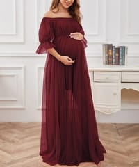Plum and Peaches Off Shoulder Sheer Maternity Gown