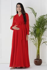 Plum and Peaches Long Sleeve Pleated Maternity Red Gown