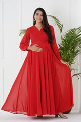 Plum and Peaches Long Sleeve Pleated Maternity Red Gown