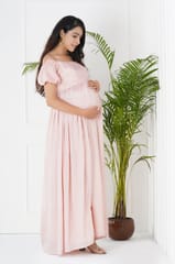 Plum and Peaches Puff Sleeve Off Shoulder Maternity Dress