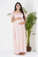 Plum and Peaches Puff Sleeve Off Shoulder Maternity Dress