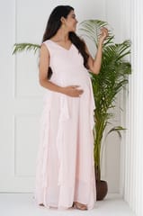 Plum and Peaches V Neck Ruffle Maternity Pink Gown