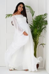 Plum and Peaches Off Shoulder White Long Sleeves Maternity Gown