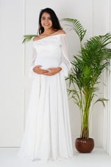 Plum and Peaches Off Shoulder White Long Sleeves Maternity Gown