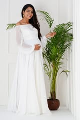 Plum and Peaches Off Shoulder White Long Sleeves Maternity Gown