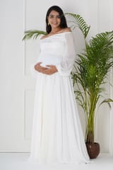 Plum and Peaches Off Shoulder White Long Sleeves Maternity Gown