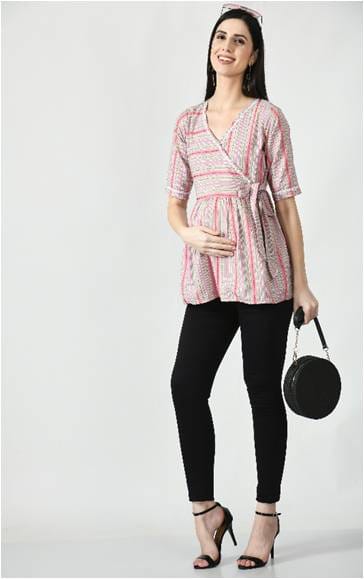 Mometernity Cotton Stripes Print Maternity & Nursing Angrakha Top Set of 01- Pink