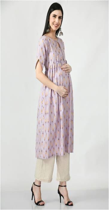 Mometernity Cotton Maternity & Nursing Kurta with Linen Palazzo Pant Set of 02 - Lavender