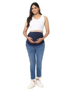 Charismomic Ankle length Flare Maternity Jeans with Tassels - Blue