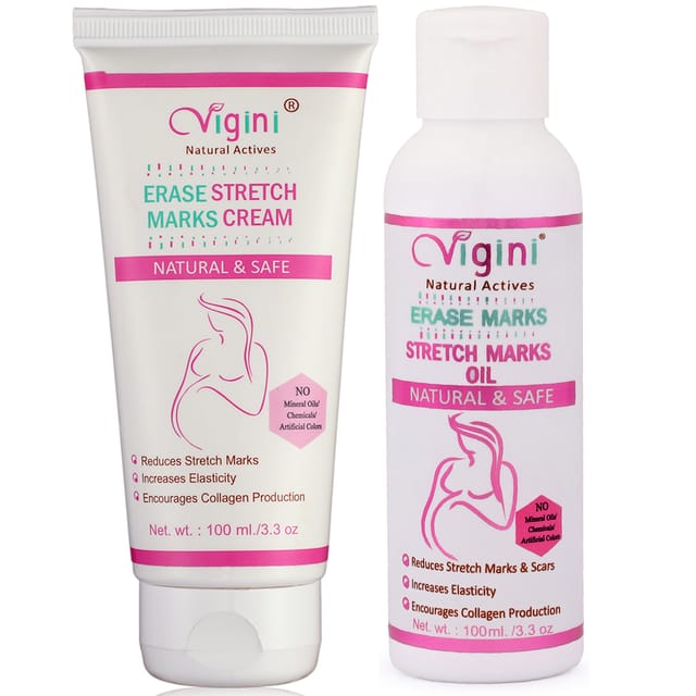 Vigini Stretch Marks Scar removal cream Oil contain 100% Natural Actives, Bio Oils a mark remover in during or after Pregancy Delievery for women,remove hyper pigmentation uneven skin tone(200G)