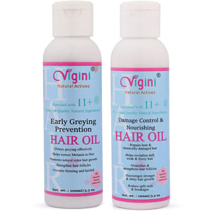 Vigini Natural Early Anti Greying Prevention Hair Oil Growth Revitalizer Tonic Reduces Loss Fall Thinning Vitalizing Regrow Follicles + Chronic Anti Dandruff Dry Itchy Scalp Hair Oil Volume Shine Silky Hair Revitalizer