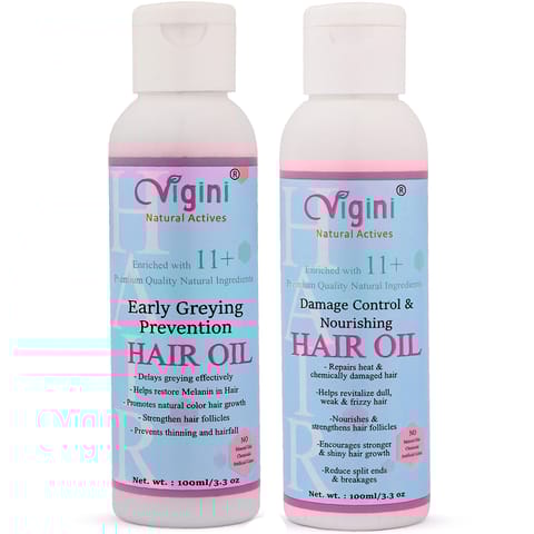 Vigini Natural Early Anti Greying Prevention Hair Oil Growth Revitalizer Tonic Reduces Loss Fall Thinning Vitalizing Regrow Follicles + Chronic Anti Dandruff Dry Itchy Scalp Hair Oil Volume Shine Silky Hair Revitalizer