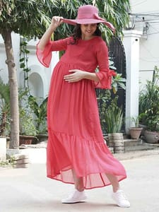 Mine4Nine Women's Pink Maxi Chiffon Maternity and Nursing Dress