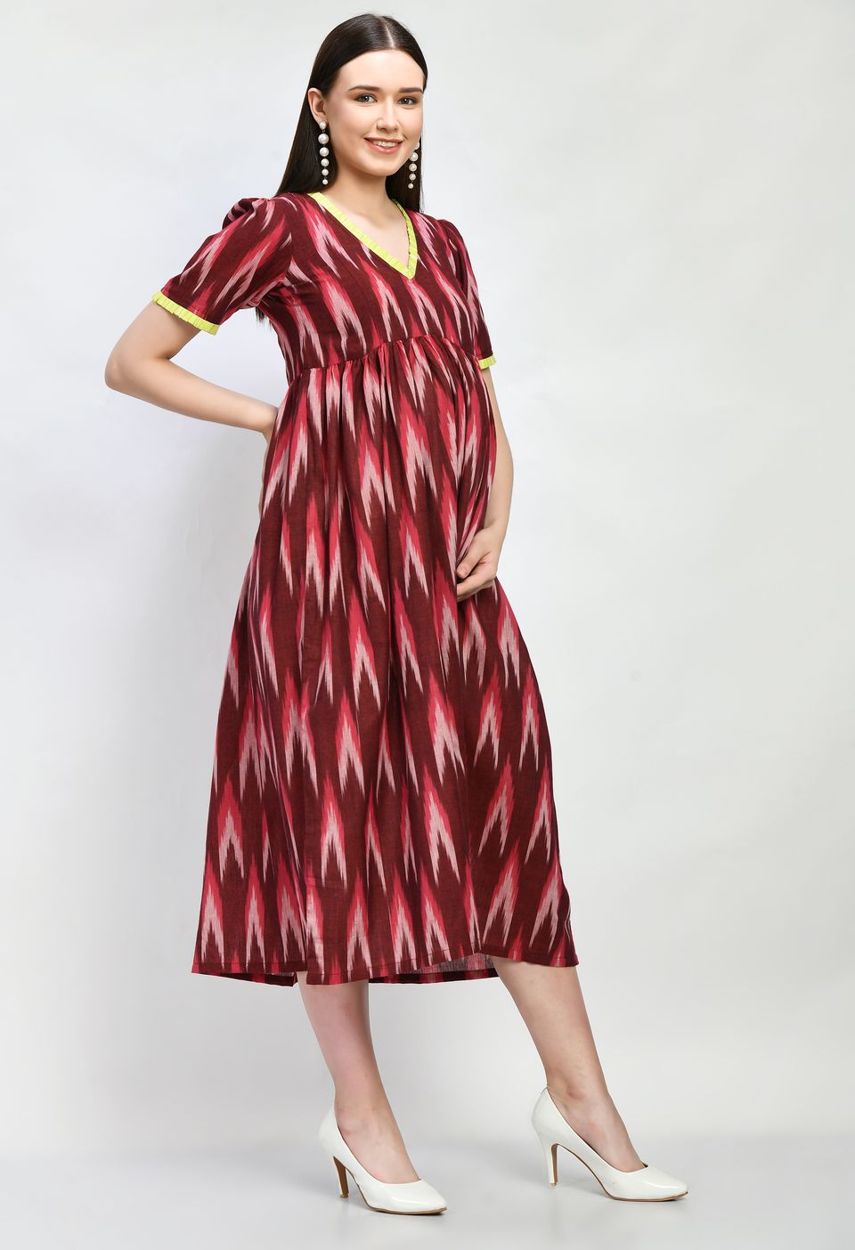 Mometernity Cotton Ikat Maternity & Nursing Midi Dress set of 1 Pcs - Maroon