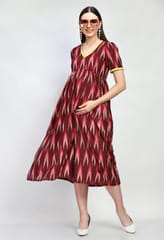 Mometernity Cotton Ikat Maternity & Nursing Midi Dress set of 1 Pcs - Maroon