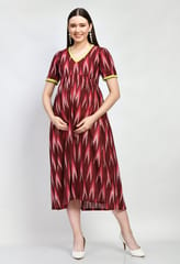 Mometernity Cotton Ikat Maternity & Nursing Midi Dress set of 1 Pcs - Maroon