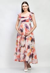 Mometernity Chiffon Floral  Maternity & Nursing Flowy Maxi Dress/Gown set of 1 pcs - White