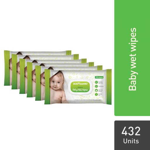 BodyGuard Premium Baby Wet Wipes with Aloe Vera & Vitamin E, No Alcohol & Paraben Free Pack of 6 - 72 Wipes Each