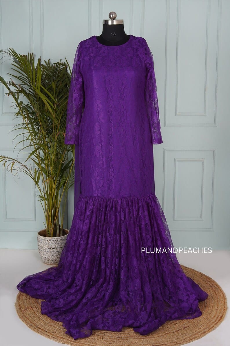 Lace Purple Maternity Photoshoot Gown With Cape