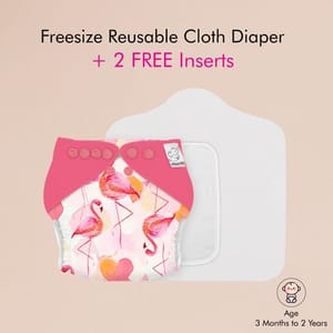 Snugkins -New Age Reusable, Waterproof & Washable Cloth Diapers for Babies ( 0-2 years).Contains 1 Diaper, 1 Wet-Free Organic Cotton Pad & 1 Booster Pad. Fits 5kg - 14kg babies - Flamingo Hearts
