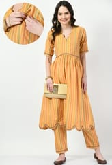 Mometernity Cotton Striped Maternity & Nursing Kurta & Pant set of 2 Pcs - Mustard