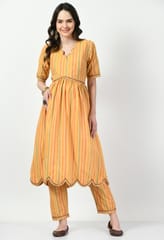 Mometernity Cotton Striped Maternity & Nursing Kurta & Pant set of 2 Pcs - Mustard