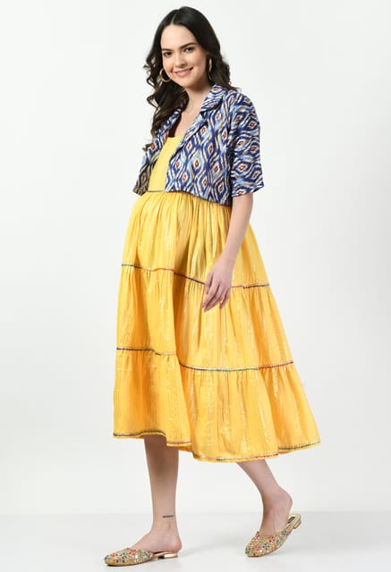 Mometernity Cotton Lurex Maternity & Nursing Midi Dress & Ikat Print Jacket set of 2 pcs - Yellow