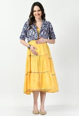 Mometernity Cotton Lurex Maternity & Nursing Midi Dress & Ikat Print Jacket set of 2 pcs - Yellow