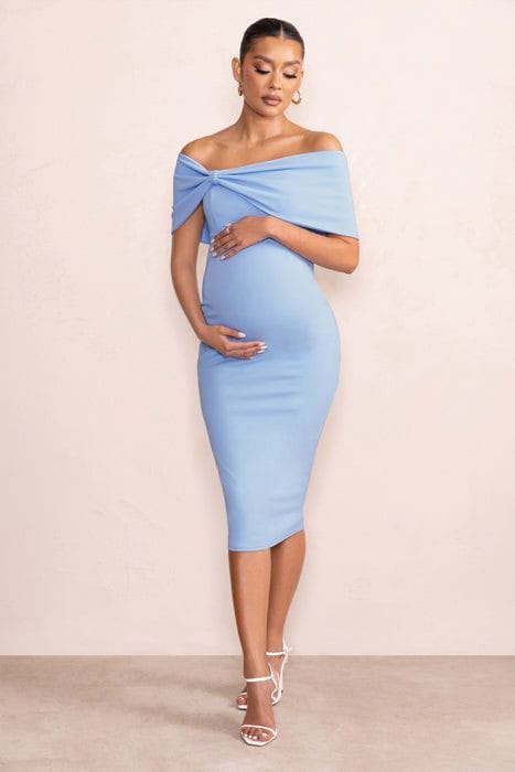 Power Blue Bardot Bow Maternity Midi Dress With Ruching