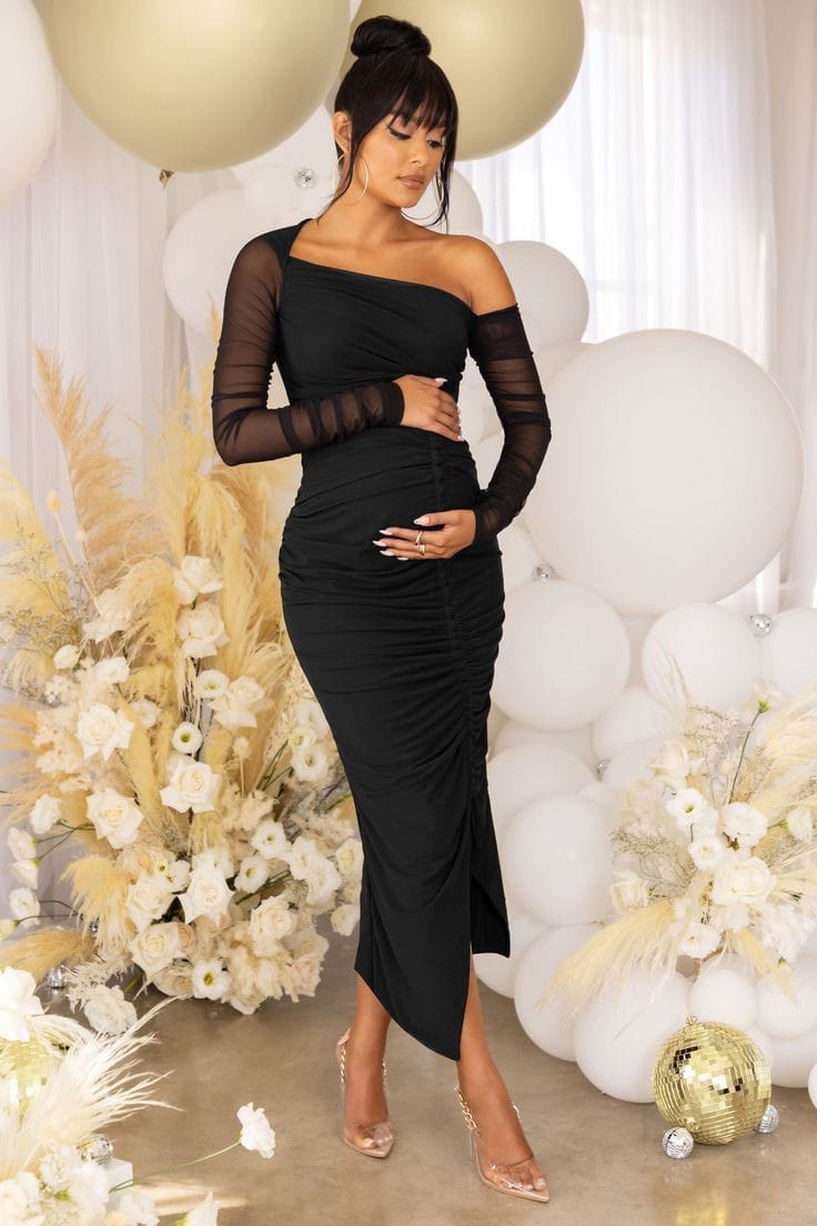 Black Maternity Asymmetric Ruched Midi Dress
