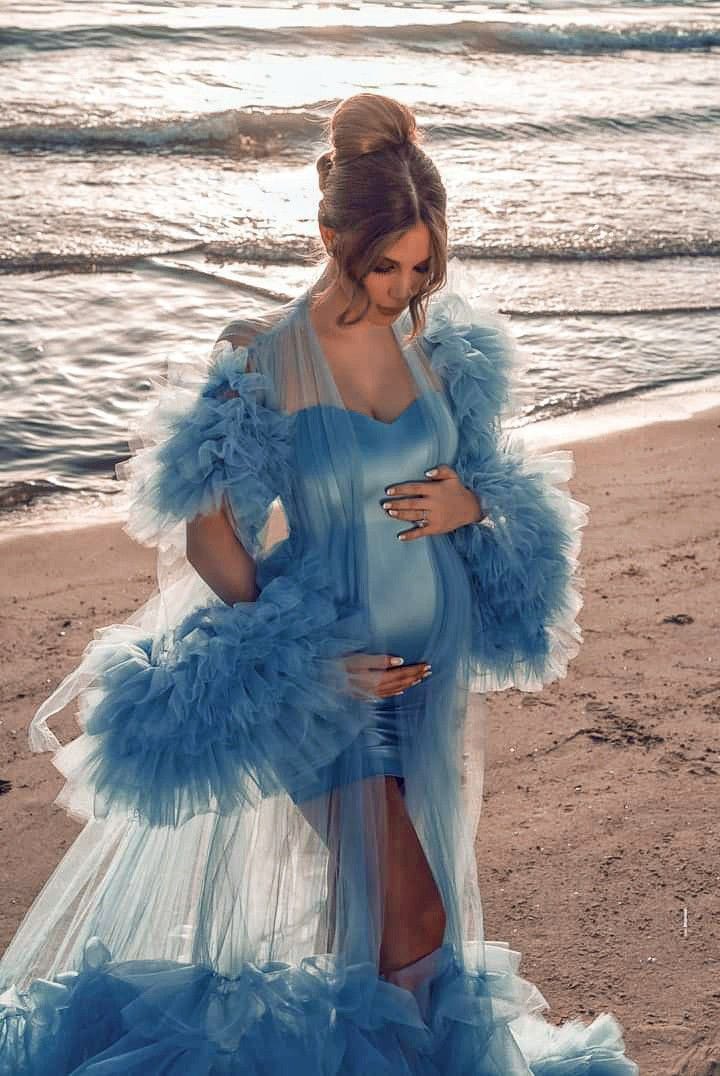 Pretty Blue Beach Long Tulle Robe Women Maternity Gown