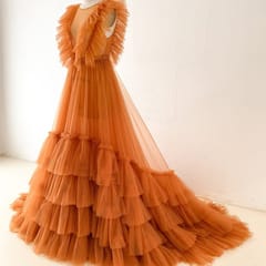 Layers Maternity Tulle Robe Dress for Photoshoot Ruffles Plunging V Neck Ball Gown