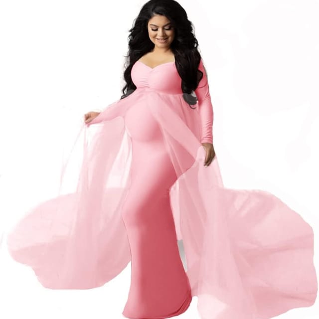 Women's Long Sleeve Off Shoulder Maternity Dress Ruched V-Neck Tulle Maxi Photography Dresses for Baby Shower Photo Shoot Elegant Fitted Mermaid Pregnancy Gown for Evening Wedding Party