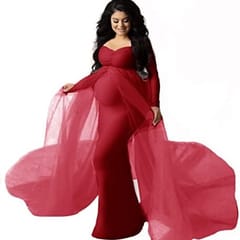 Women's Long Sleeve Off Shoulder Maternity Dress Ruched V-Neck Tulle Maxi Photography Dresses for Baby Shower Photo Shoot Elegant Fitted Mermaid Pregnancy Gown for Evening Wedding Party