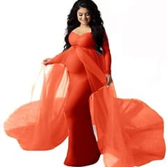 Women's Long Sleeve Off Shoulder Maternity Dress Ruched V-Neck Tulle Maxi Photography Dresses for Baby Shower Photo Shoot Elegant Fitted Mermaid Pregnancy Gown for Evening Wedding Party