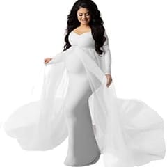 Women's Long Sleeve Off Shoulder Maternity Dress Ruched V-Neck Tulle Maxi Photography Dresses for Baby Shower Photo Shoot Elegant Fitted Mermaid Pregnancy Gown for Evening Wedding Party