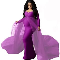 Women's Long Sleeve Off Shoulder Maternity Dress Ruched V-Neck Tulle Maxi Photography Dresses for Baby Shower Photo Shoot Elegant Fitted Mermaid Pregnancy Gown for Evening Wedding Party
