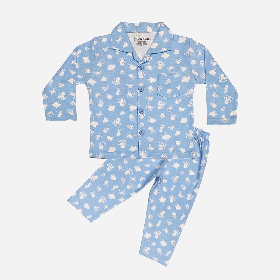 Snugkins Full Sleeves Baby Octopus Printed Pajamas | Night Suit | Sleep Wear for Baby/Kids | Boys and Girls | Fits 6-12 Months | Sky Blue