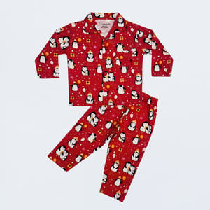 Snugkins Full Sleeves Baby Penguin Printed Pajamas | Night Suit | Sleep Wear for Baby/Kids | Boys and Girls | Fits 6-12 Months | Dark Red