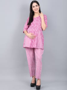 Maternity and Feeding Night Suit | Pure Cotton | Purple
