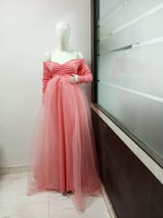 Women's Long Sleeve Off Shoulder Maternity Dress Ruched V-Neck Tulle Maxi Photography Dresses for Baby Shower Photo Shoot Elegant Fitted Mermaid Pregnancy Gown for Evening Wedding Party