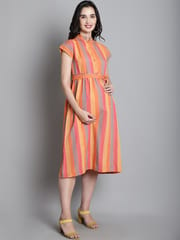 Moms Maternity Sustainable Cotton Orange Striped Maternity Midi Dress