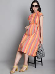 Moms Maternity Sustainable Cotton Orange Striped Maternity Midi Dress