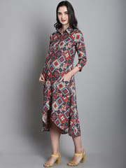 Moms Maternity Geomatric Print Rayon Shirt Collar Maternity Midi Dress