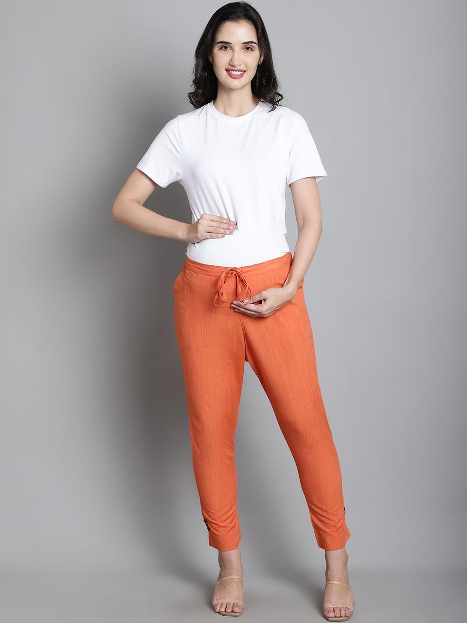 Moms Maternity Solid Orange Sustainable Cotton Ankel Length Maternity Trouser