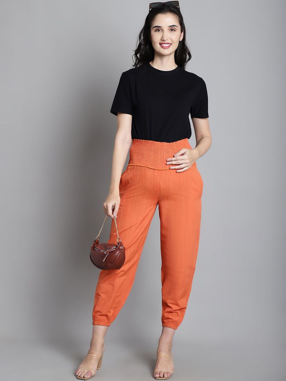 Moms Maternity Solid Orange Sustainable Cotton Ankel Length High Rise Maternity Trouser