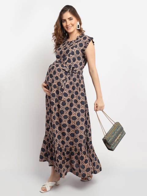 Moms Maternity Women's Maternity Rayon Geometric Print Black Maxi Dress