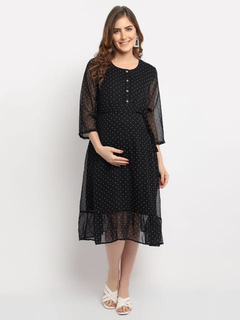 Moms Maternity Women's Maternity Georgette Polka Dot Print Black Midi Dress
